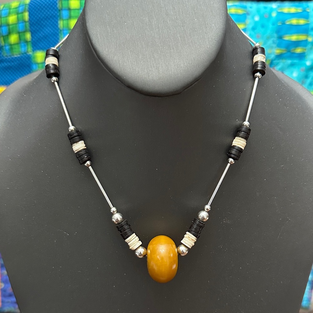 VTG BAKELITE Bead Necklace with Silver & Tribal Heishi Beads 16”L